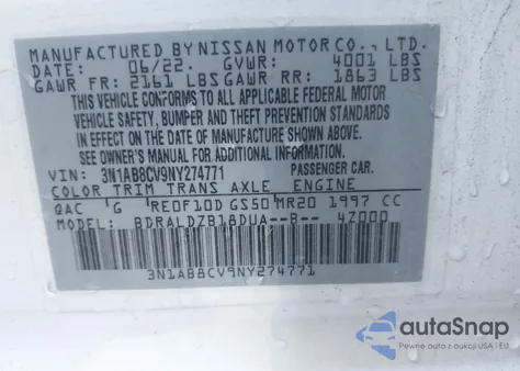 2022 Nissan Sentra Sv Xtronic Cvt z USA, uszkodzony, nr VIN 3N1AB8CV9NY274771